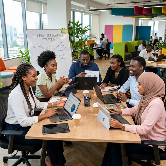 Groupe de professionnels africains collaborant dans un espace de travail moderne