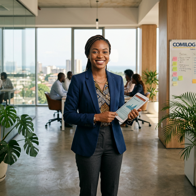 Femme professionnelle gabonaise dans un bureau moderne avec une tablette