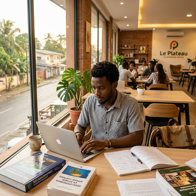 Étudiant gabonais en formation dans un espace de coworking moderne
